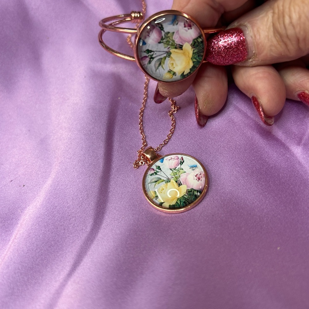 Rose Gold Floral Glass 1inch Pendant Necklace and bracelet set - Pink & Yellow